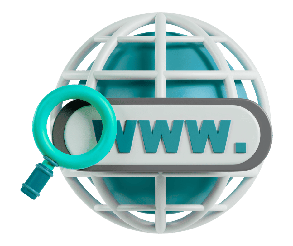3D globe with a magnifying glass and a "WWW" web address symbol, representing website search or domain lookup.