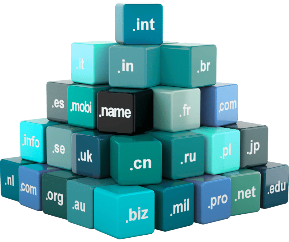 3D blocks displaying various domain extensions like .com, .org, .net, .edu, and country-specific domains, symbolizing global domain registration services.