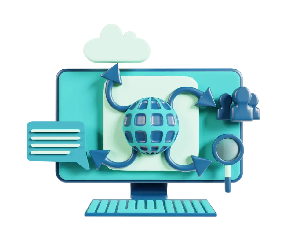 Web development and SEO services in the Philippines – 3D illustration with digital icons on a computer screen